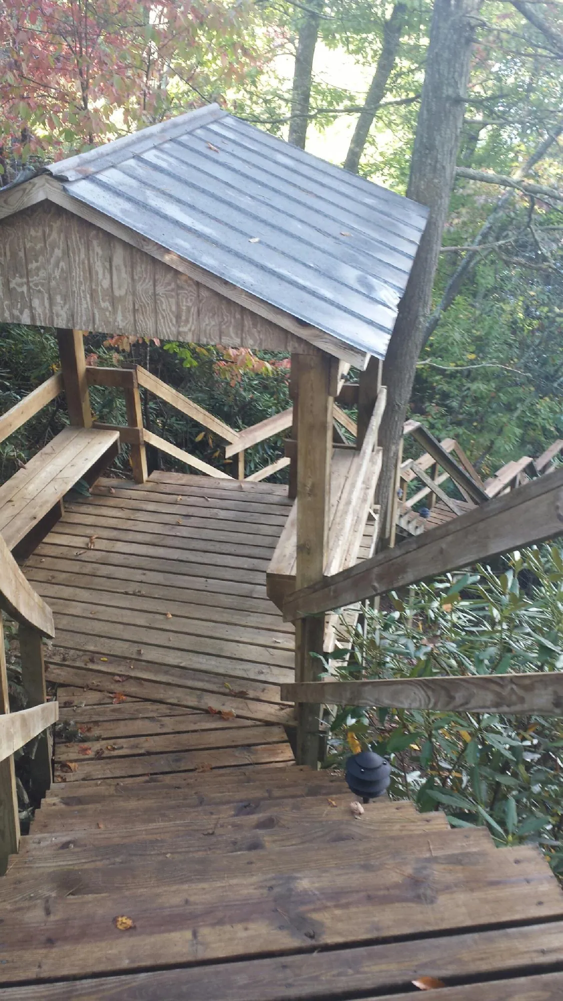 Metal roofed shelter over wooden steps on a wooded walkway — Skylight Repair & Installation work by our crew in Ecorse
