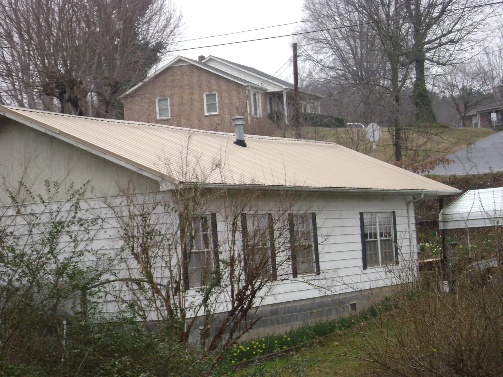 Tan metal roof on a white sided house set into a hillside — Commercial Roofing by Roofing Brothers in Ecorse